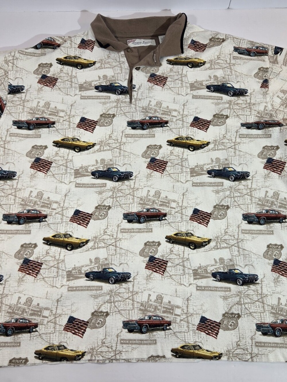 Vintage Car Print Polo Shirt in Cream with Brown Trim